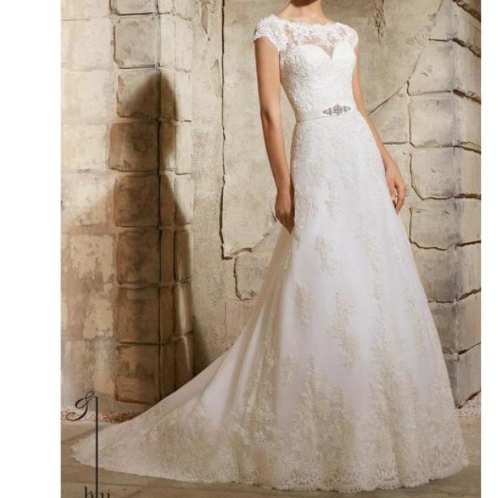 Mori Lee Wedding Dress 5370 Lace Embroidered Sash